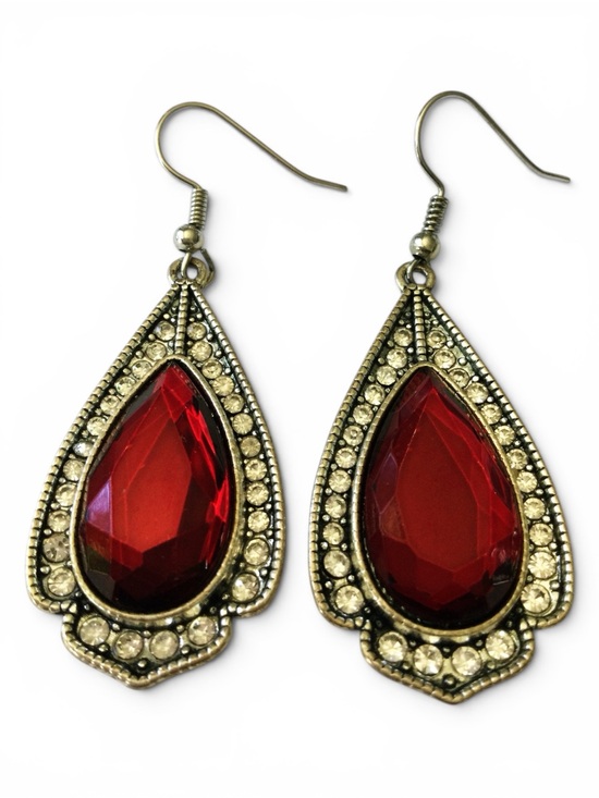 Source Unknown Jewelry - Vintage Y2K Red Glass Teardrop Earrings w/ Rhinestone Halo